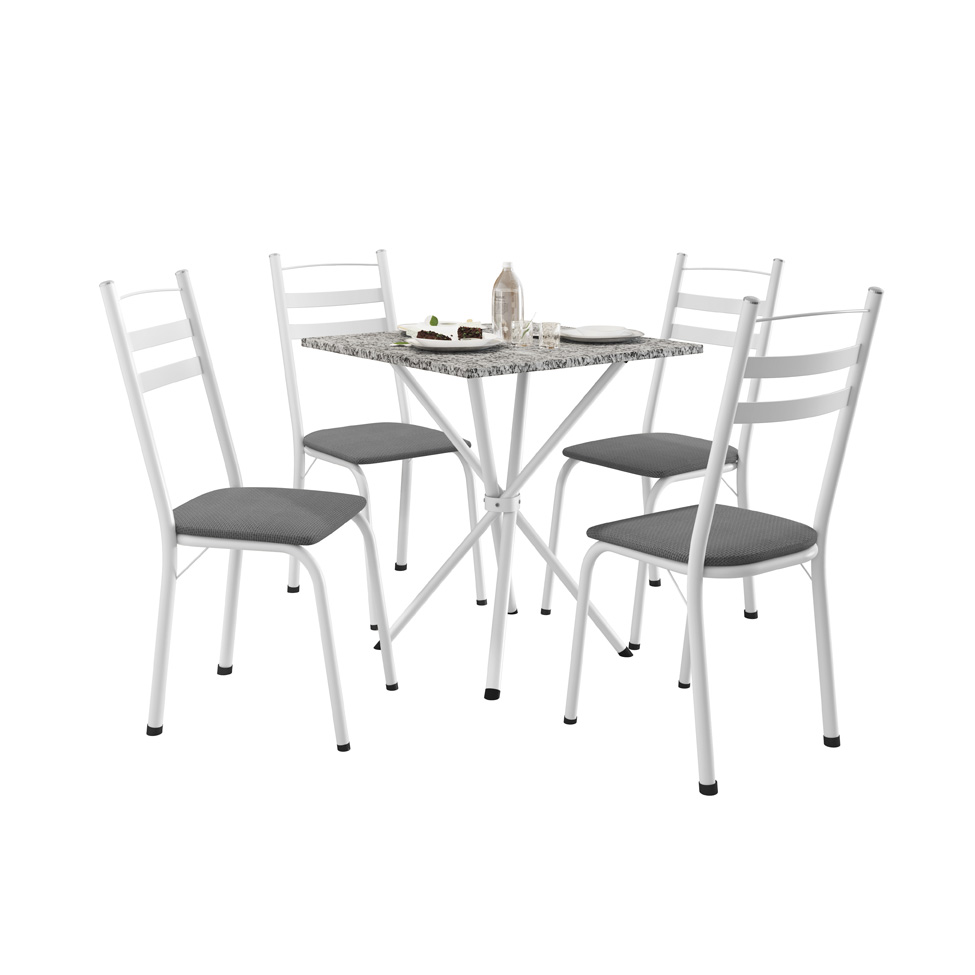 Conjunto de Mesa Quadrada com Tampo Granito e 4 Cadeiras Léia Revestimento Sintético Platina e Branco