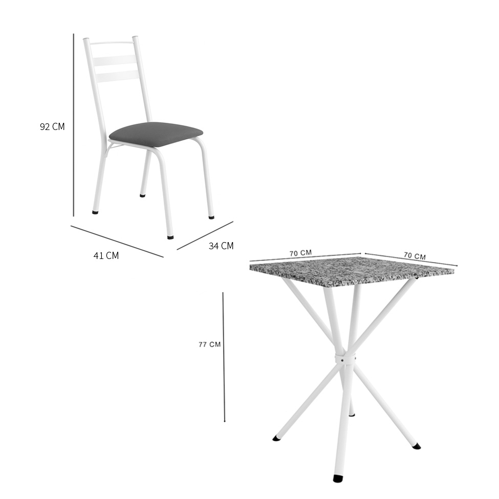 Conjunto de Mesa Quadrada com Tampo Granito e 4 Cadeiras Léia Revestimento Sintético Platina e Branco