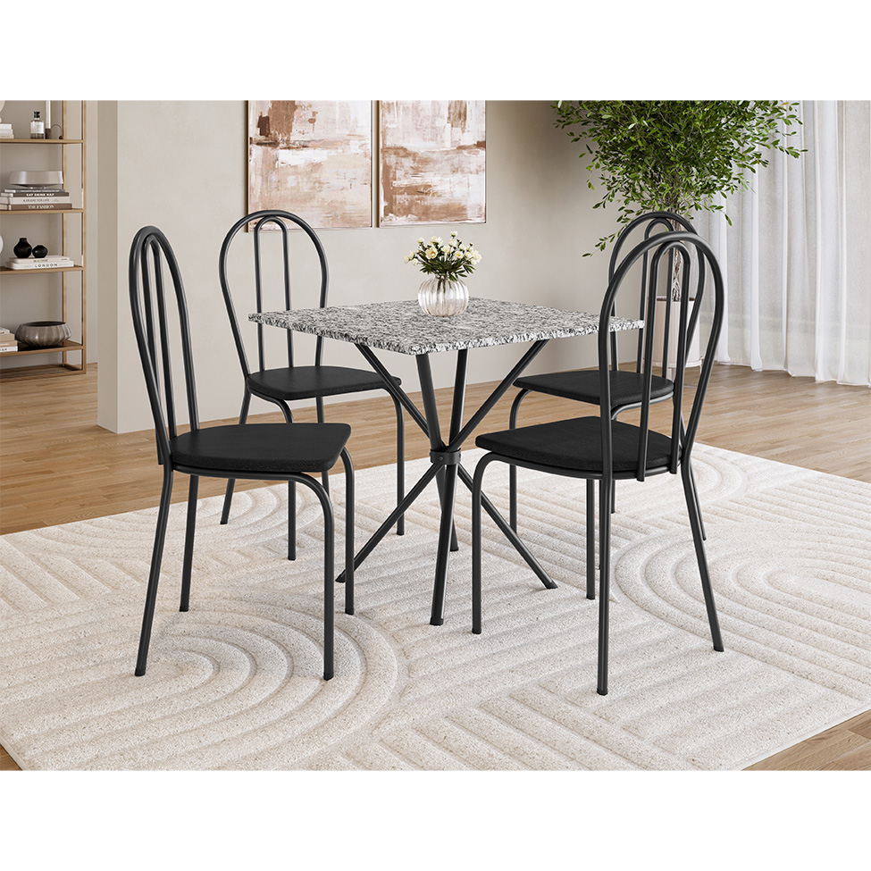 Conjunto de Mesa Quadrada com Tampo Granito e 4 Cadeiras Léia Revestimento Sintético Preto