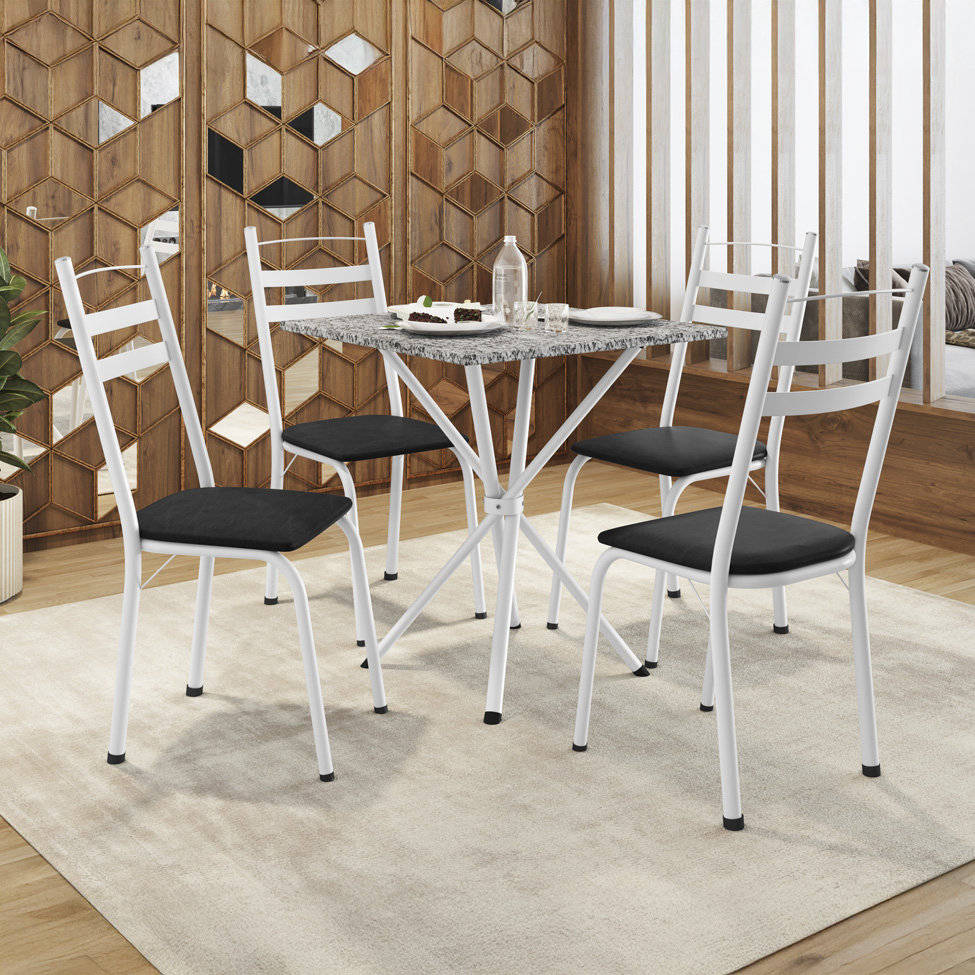 Conjunto de Mesa Quadrada com Tampo Granito e 4 Cadeiras Léia Revestimento Sintético Preto e Branco