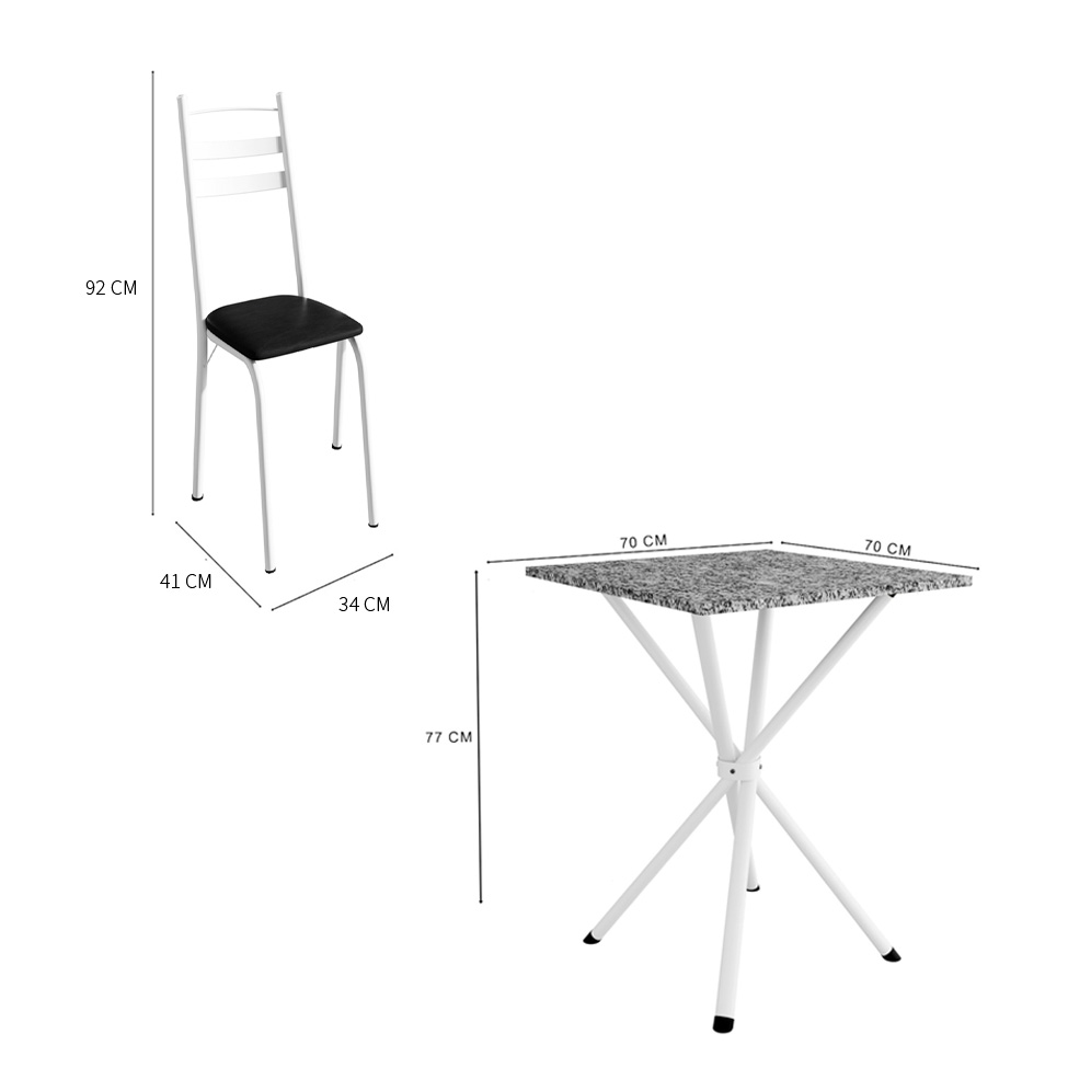 Conjunto de Mesa Quadrada com Tampo Granito e 4 Cadeiras Léia Revestimento Sintético Preto e Branco