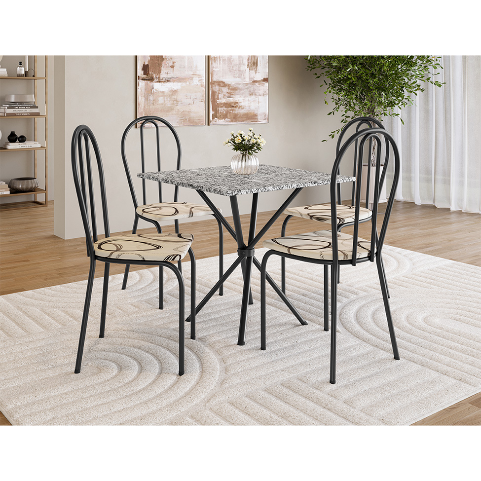 Conjunto de Mesa Quadrada com Tampo Granito e 4 Cadeiras Léia Revestimento Sintético Preto e Cedro