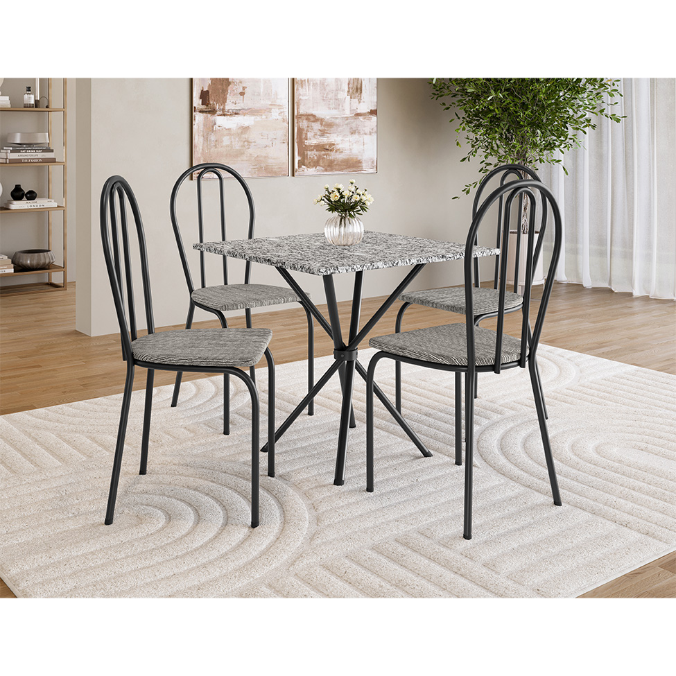 Conjunto de Mesa Quadrada com Tampo Granito e 4 Cadeiras Léia Revestimento Sintético Preto e Grafiato