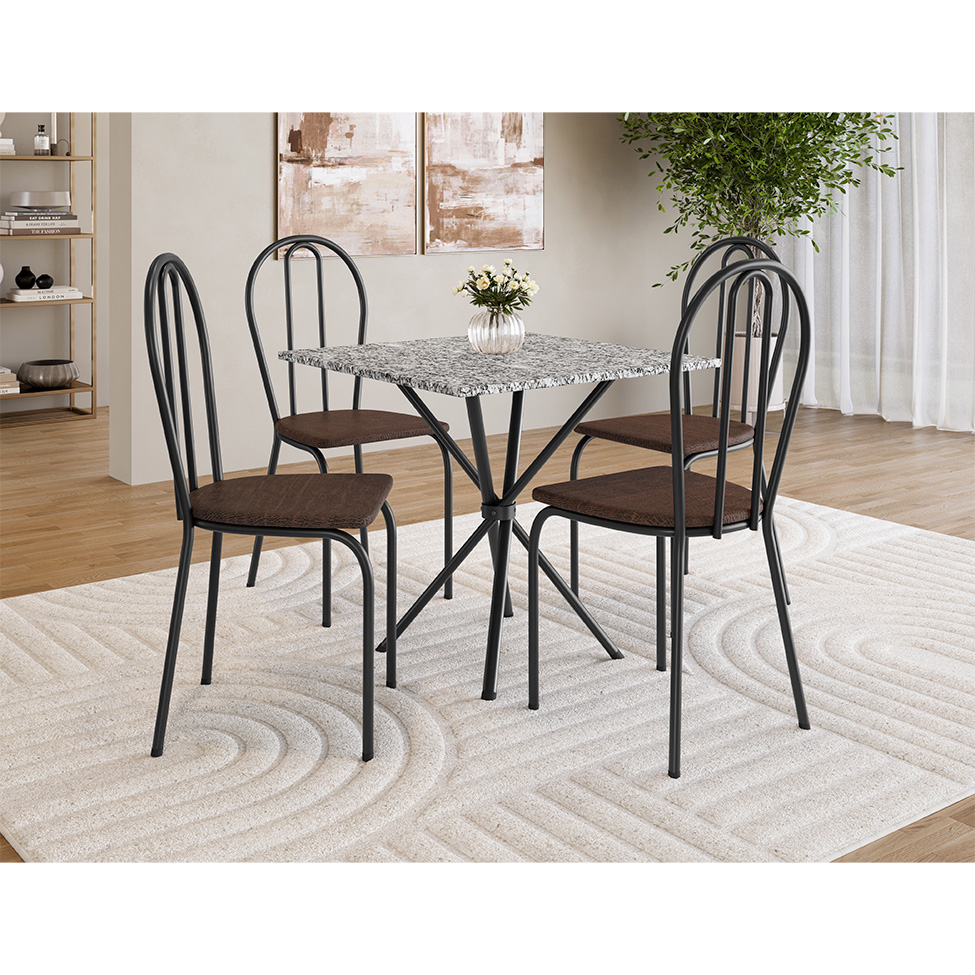 Conjunto de Mesa Quadrada com Tampo Granito e 4 Cadeiras Léia Revestimento Sintético Preto e Imbuia