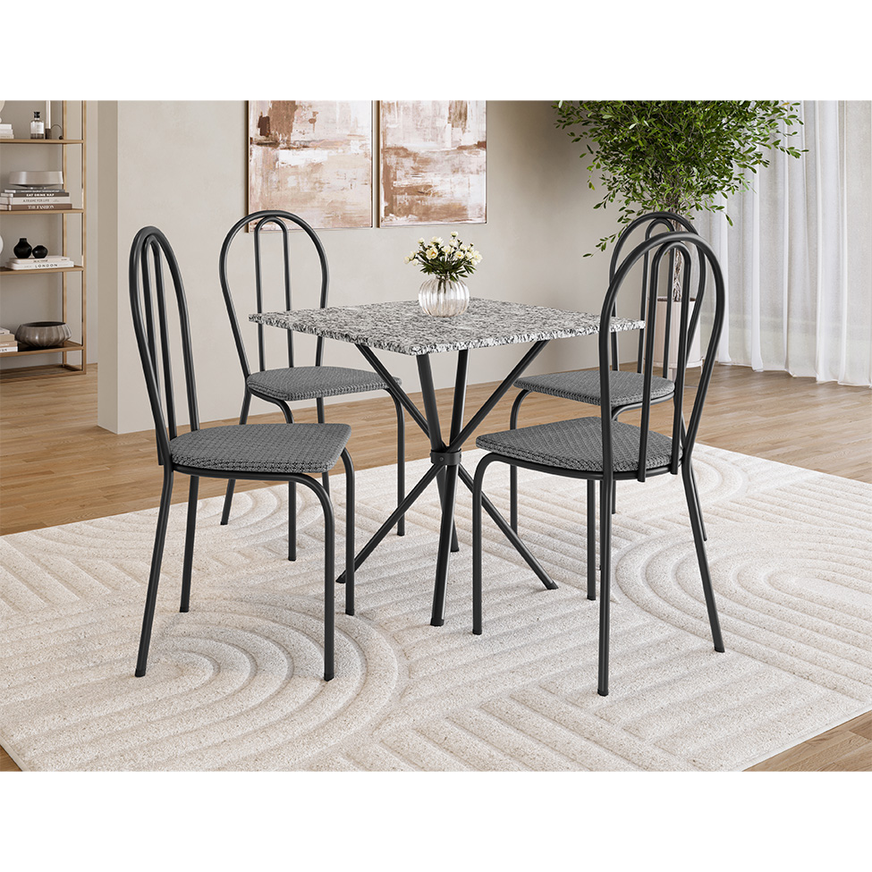 Conjunto de Mesa Quadrada com Tampo Granito e 4 Cadeiras Léia Revestimento Sintético Preto e Platina