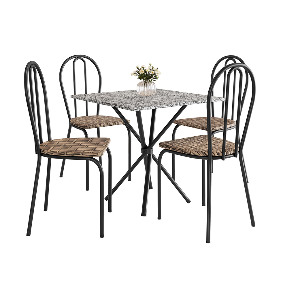 Conjunto de Mesa Quadrada com Tampo Granito e 4 Cadeiras Léia Revestimento Sintético Preto e Rattan