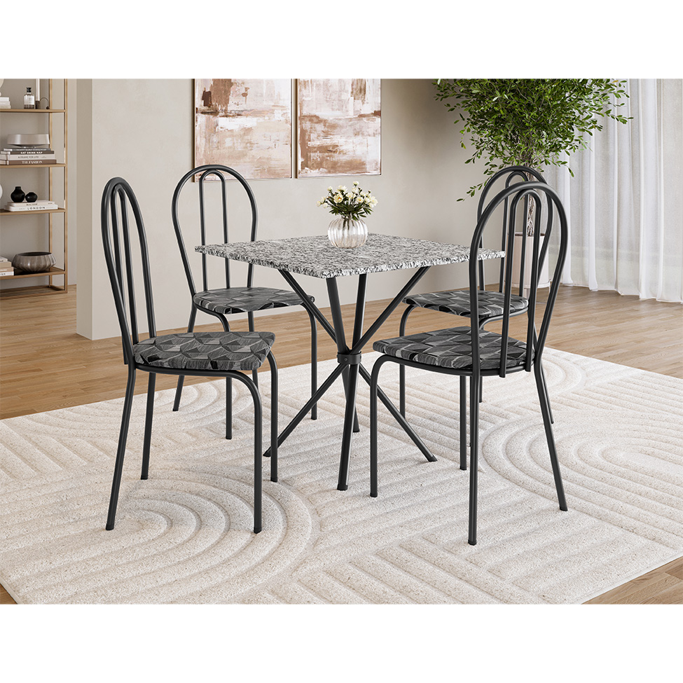Conjunto de Mesa Quadrada com Tampo Granito e 4 Cadeiras Léia Revestimento Sintético Preto e Silver