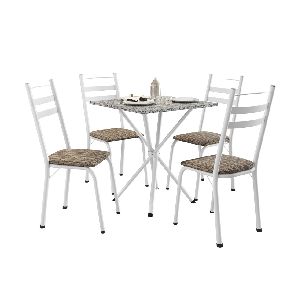 Conjunto de Mesa Quadrada com Tampo Granito e 4 Cadeiras Léia Revestimento Sintético Rattan e Branco