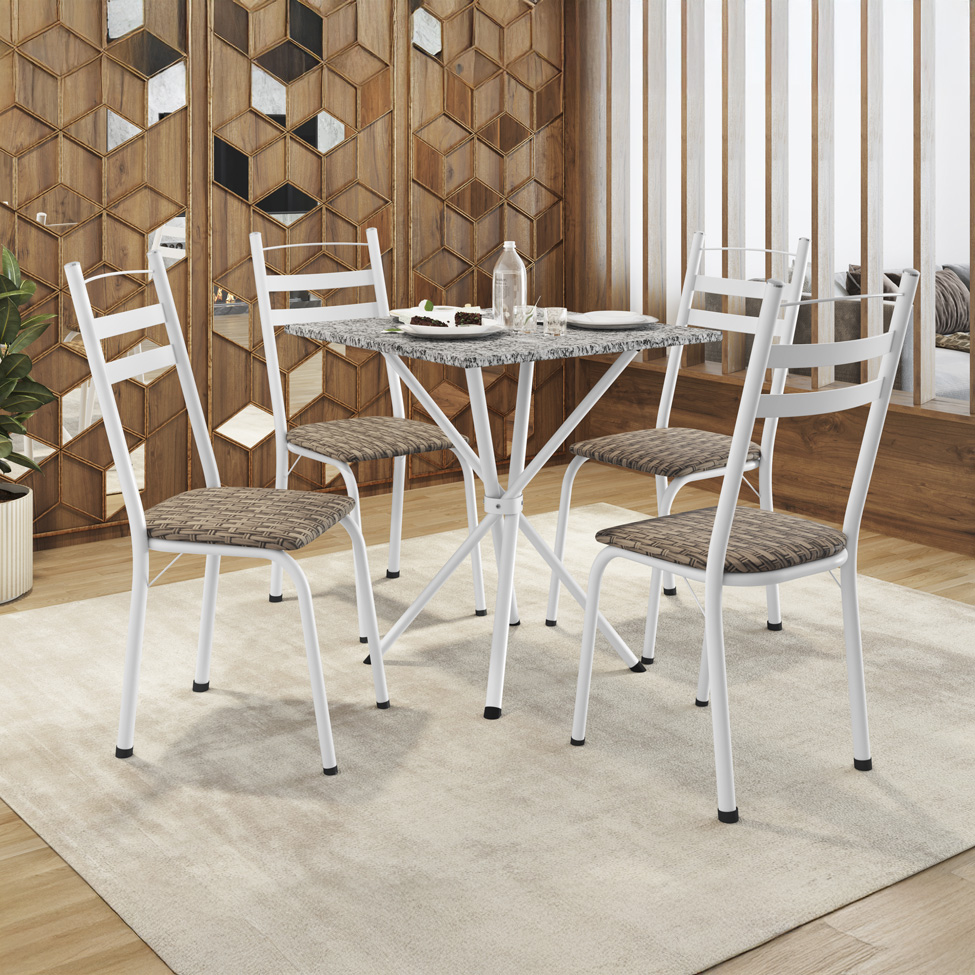 Conjunto de Mesa Quadrada com Tampo Granito e 4 Cadeiras Léia Revestimento Sintético Rattan e Branco