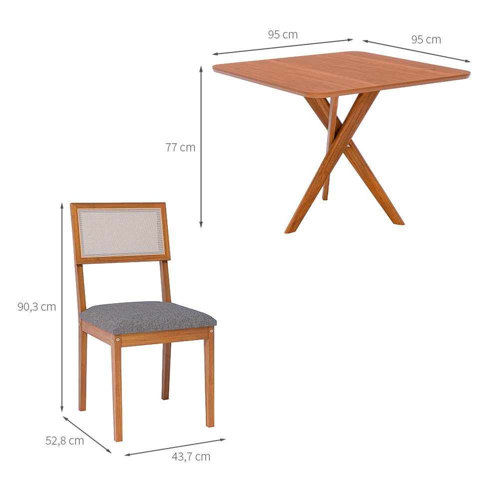 Conjunto de Mesa Quadrada com Tampo MDF Cacau e 4 Cadeiras Encanto Linho Bege e Cinamomo