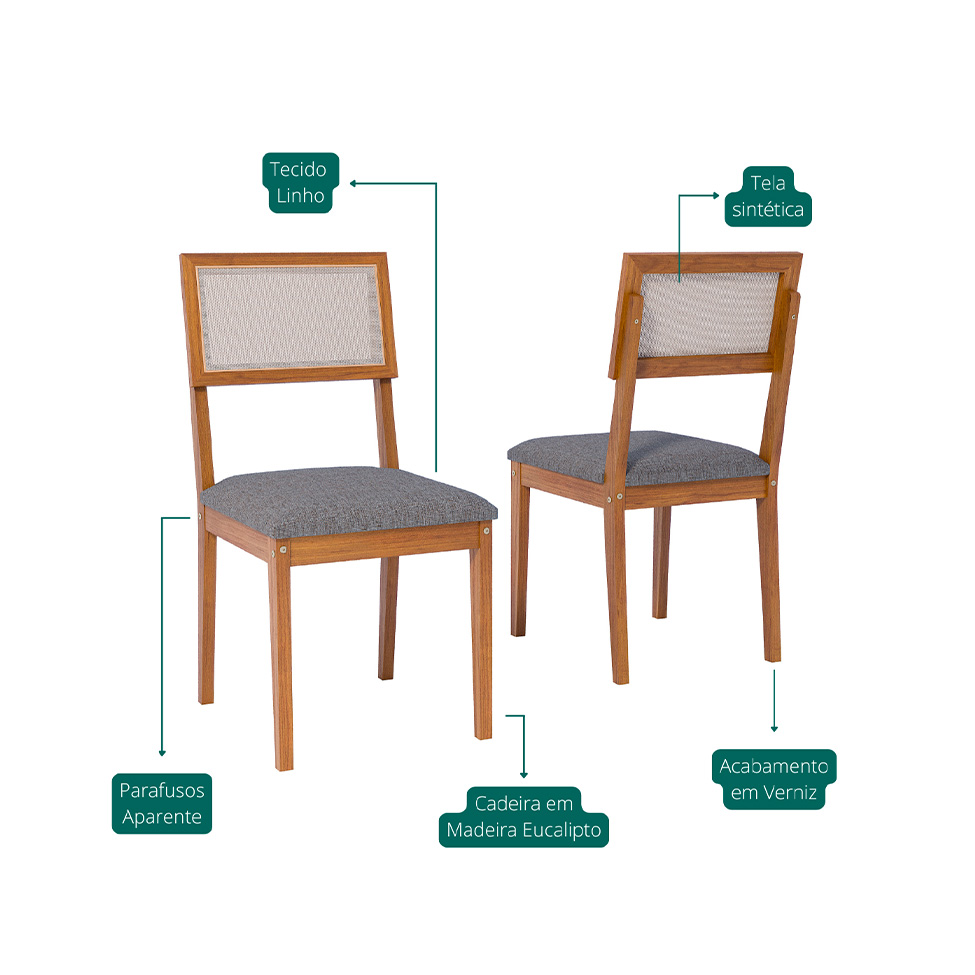 Conjunto de Mesa Quadrada com Tampo MDF Cacau e 4 Cadeiras Encanto Linho Bege e Cinamomo