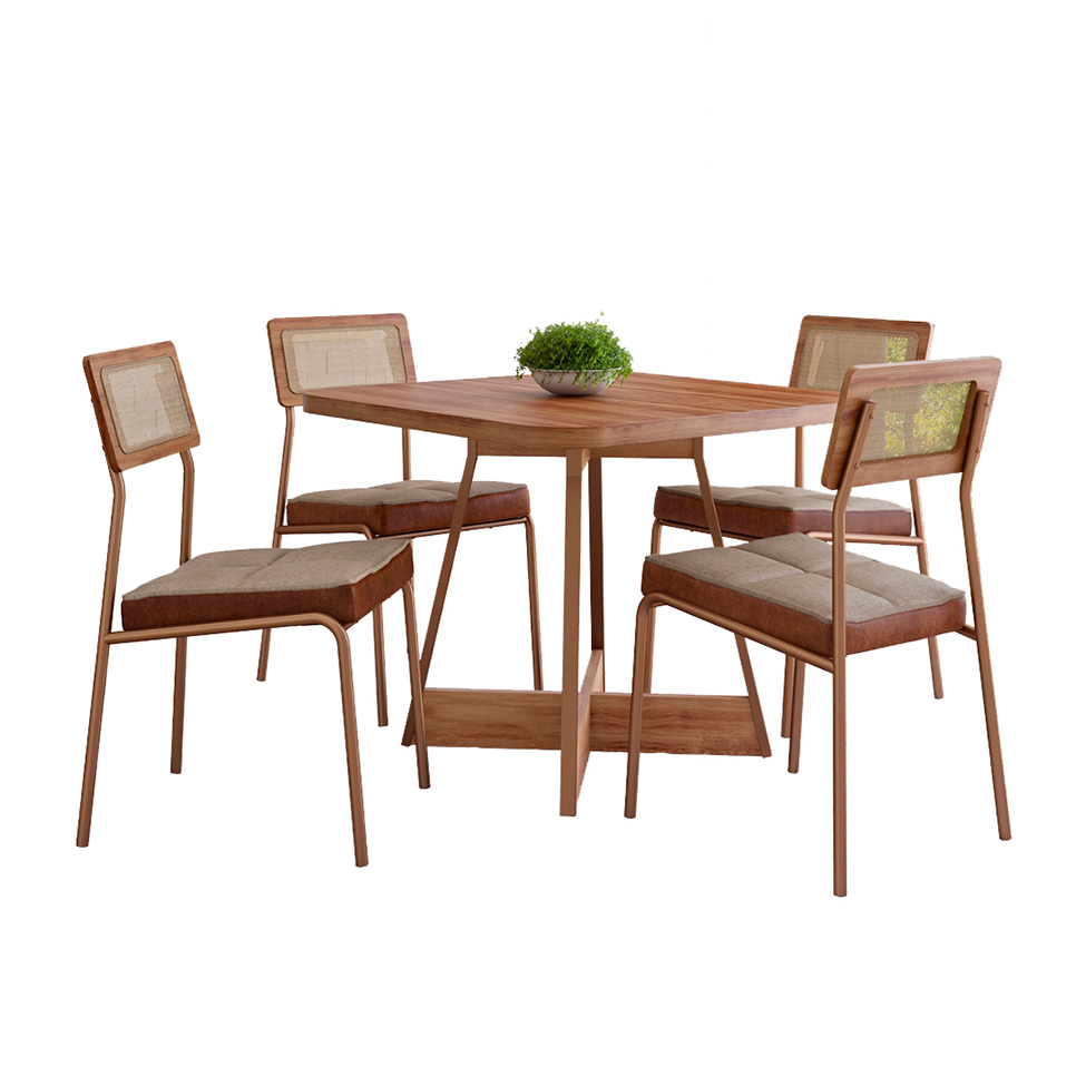 Conjunto de Mesa Quadrada com Tampo MDP Nogal Átria e 4 Cadeiras Catarina Revestimento Sintético Caramelo