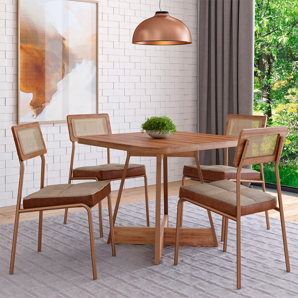 Conjunto de Mesa Quadrada com Tampo MDP Nogal Átria e 4 Cadeiras Catarina Revestimento Sintético Caramelo