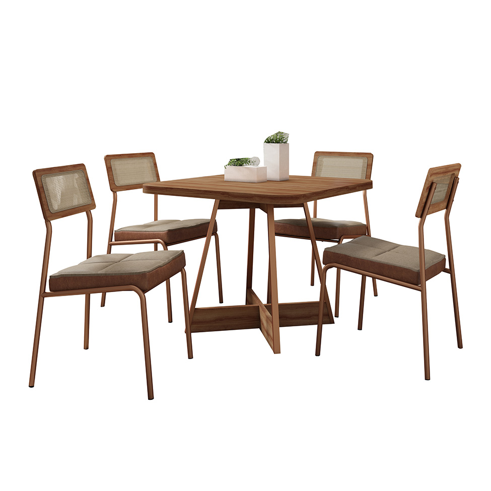 Conjunto de Mesa Quadrada com Tampo MDP Nogal Átria e 4 Cadeiras Catarina Revestimento Sintético Caramelo