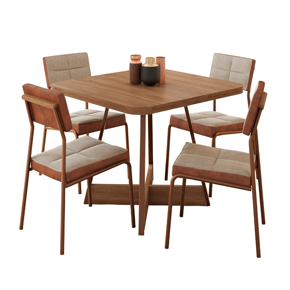 Conjunto de Mesa Quadrada com Tampo MDP Nogal Átria e 4 Cadeiras Helena Revestimento Sintético Caramelo e Areia