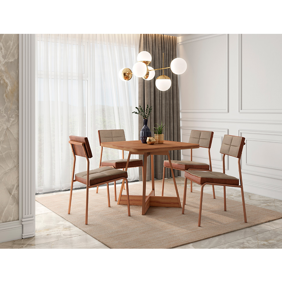Conjunto de Mesa Quadrada com Tampo MDP Nogal Átria e 4 Cadeiras Helena Revestimento Sintético Caramelo e Areia
