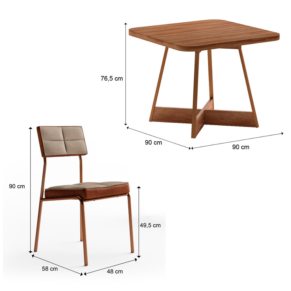 Conjunto de Mesa Quadrada com Tampo MDP Nogal Átria e 4 Cadeiras Helena Revestimento Sintético Caramelo e Areia