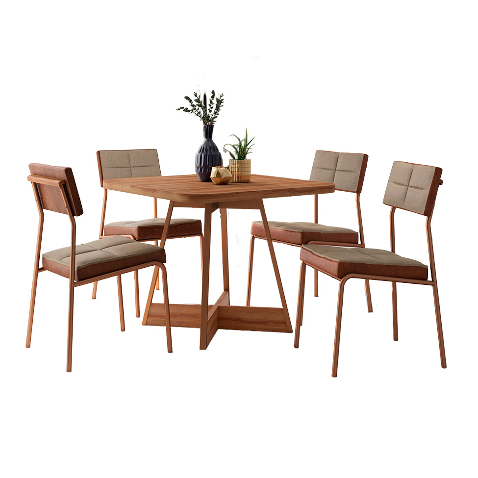Conjunto de Mesa Quadrada com Tampo MDP Nogal Átria e 4 Cadeiras Helena Revestimento Sintético Caramelo e Areia