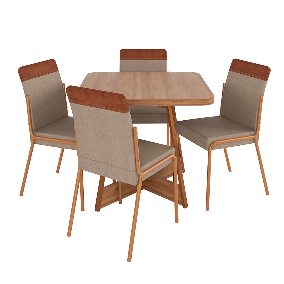 Conjunto de Mesa Quadrada com Tampo MDP Nogal Átria e 4 Cadeiras Madalena Linho Areia e Caramelo