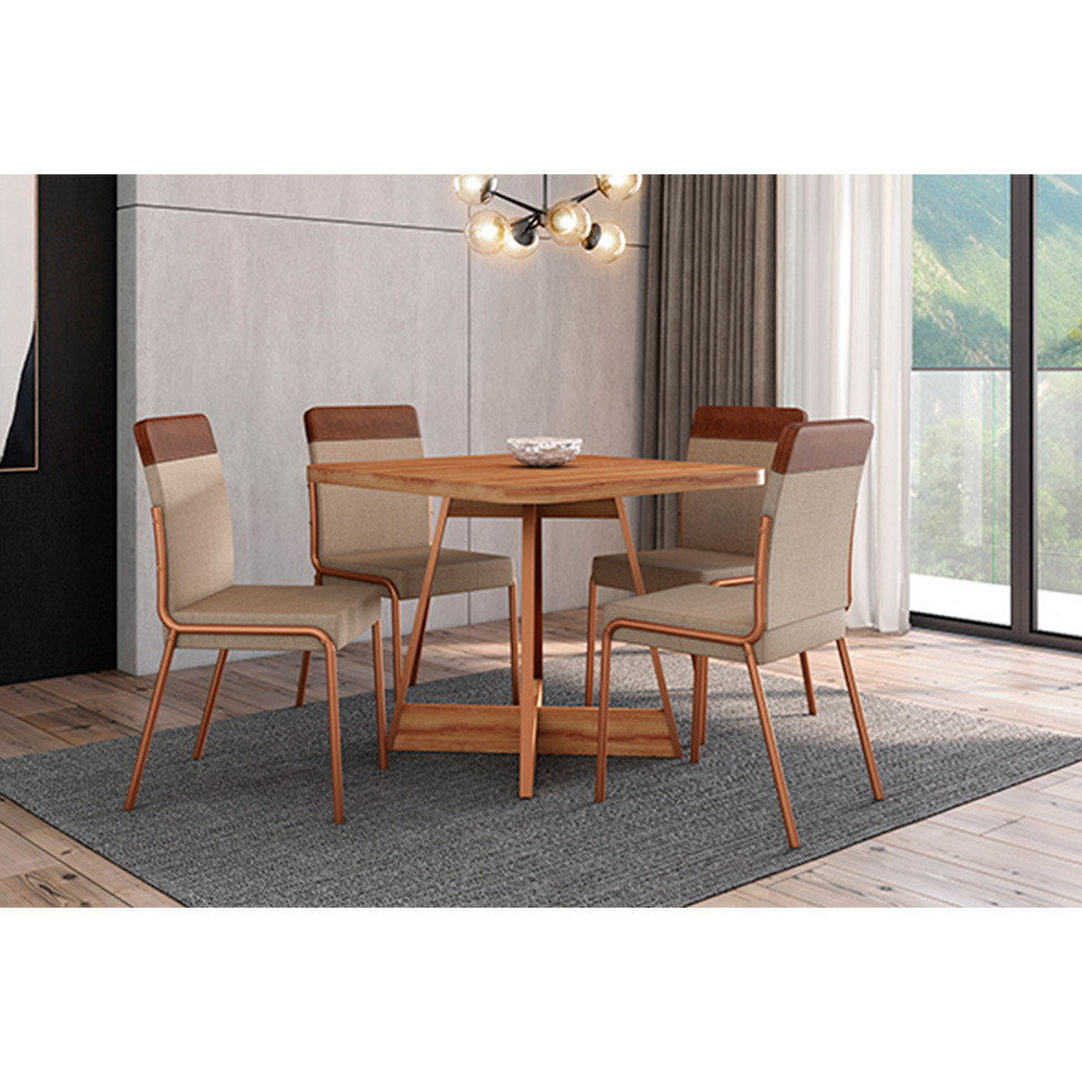 Conjunto de Mesa Quadrada com Tampo MDP Nogal Átria e 4 Cadeiras Madalena Linho Areia e Caramelo