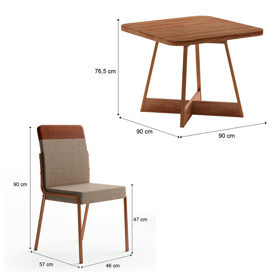 Conjunto de Mesa Quadrada com Tampo MDP Nogal Átria e 4 Cadeiras Madalena Linho Areia e Caramelo