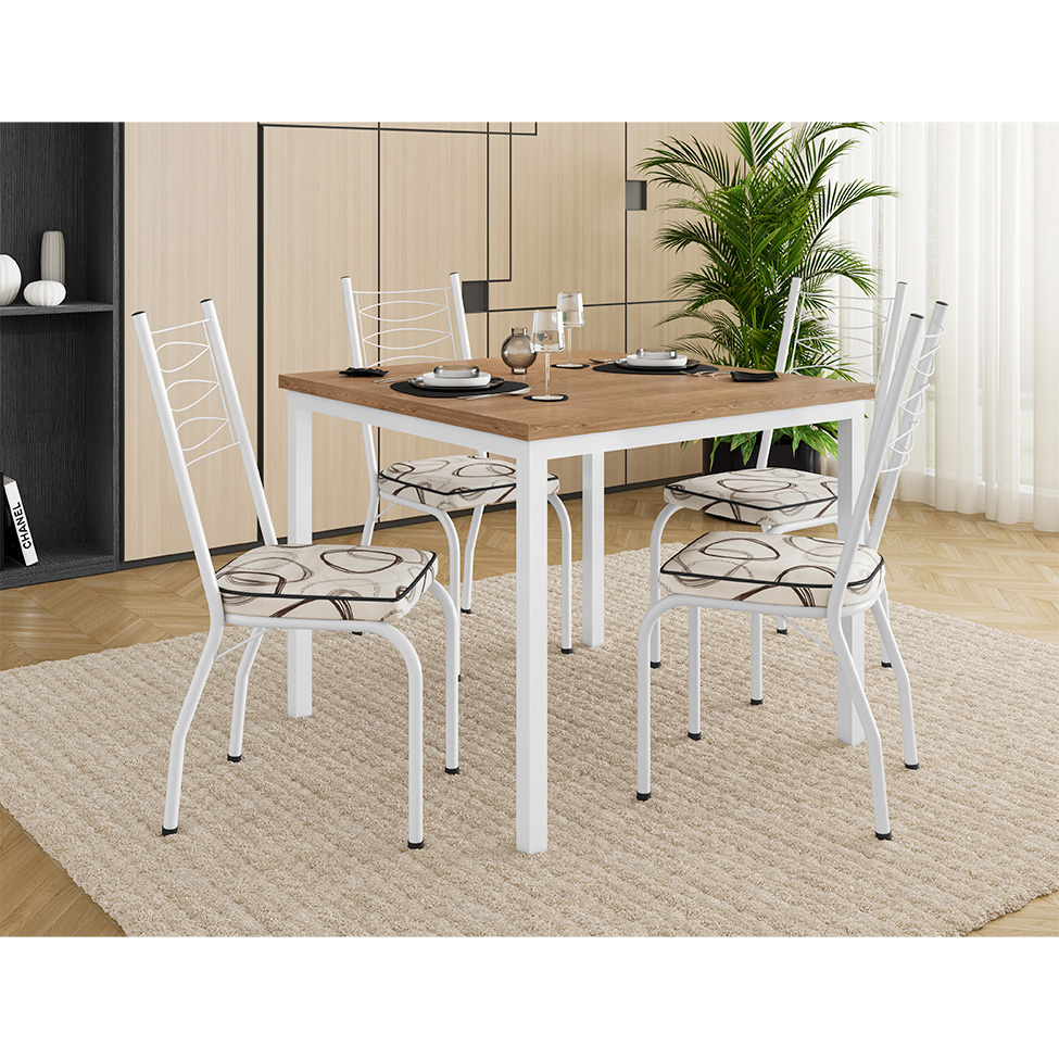 Conjunto de Mesa Quadrada com Tampo MDP e 4 Cadeiras Adriana Revestimento Sintético Bege Estampado e Branco