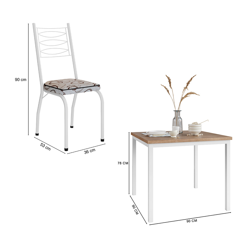 Conjunto de Mesa Quadrada com Tampo MDP e 4 Cadeiras Adriana Revestimento Sintético Bege Estampado e Branco
