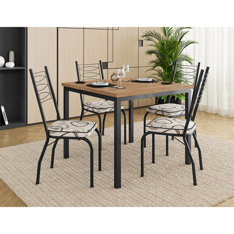 Conjunto de Mesa Quadrada com Tampo MDP e 4 Cadeiras Adriana Revestimento Sintético Bege Estampado e Preto