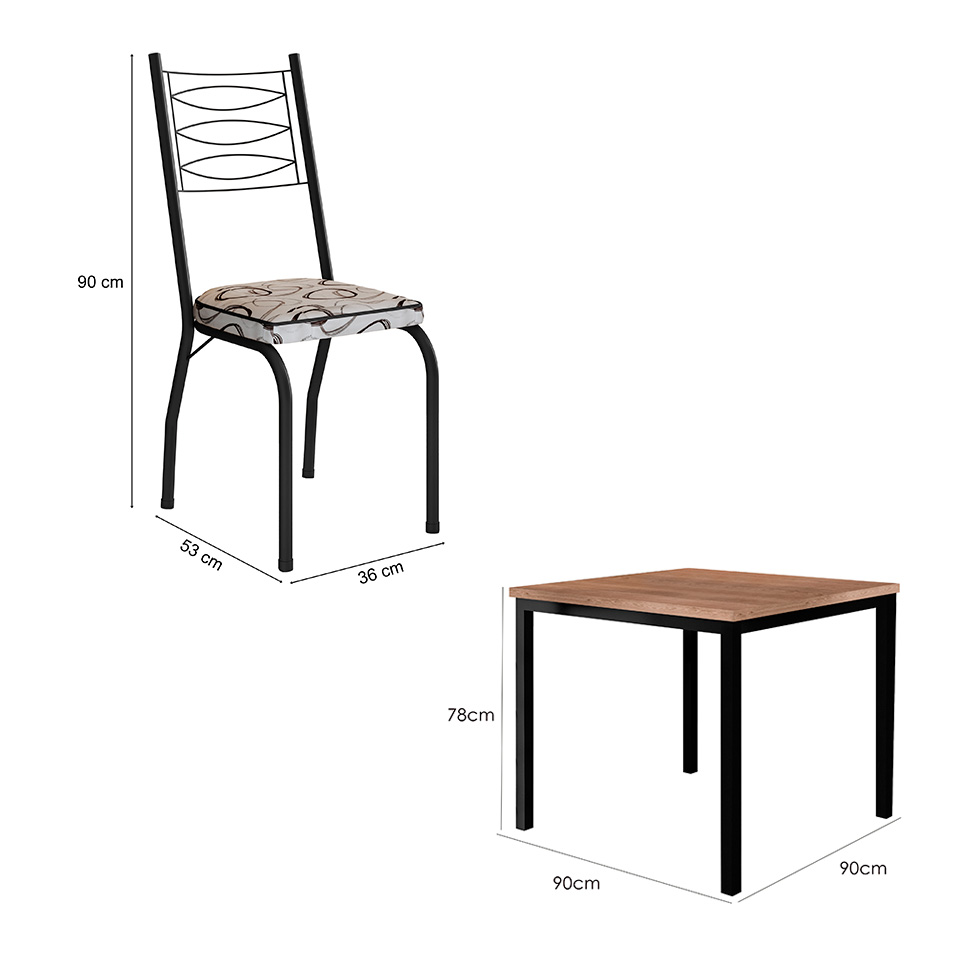 Conjunto de Mesa Quadrada com Tampo MDP e 4 Cadeiras Adriana Revestimento Sintético Bege Estampado e Preto