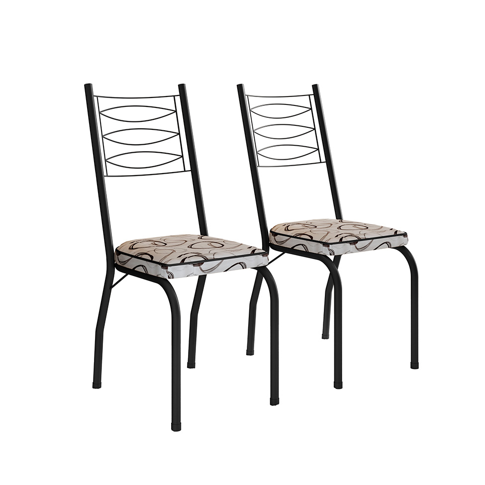 Conjunto de Mesa Quadrada com Tampo MDP e 4 Cadeiras Adriana Revestimento Sintético Bege Estampado e Preto