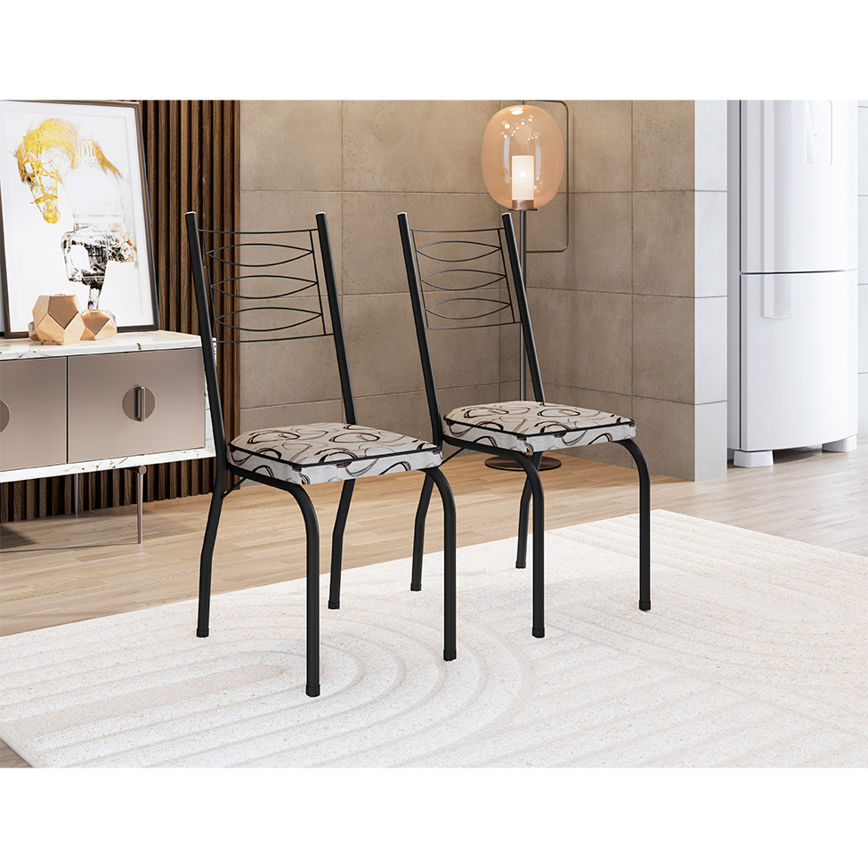 Conjunto de Mesa Quadrada com Tampo MDP e 4 Cadeiras Adriana Revestimento Sintético Bege Estampado e Preto