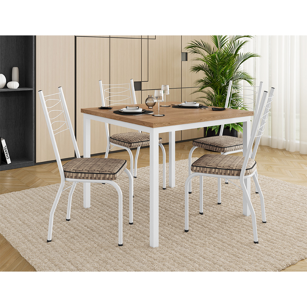 Conjunto de Mesa Quadrada com Tampo MDP e 4 Cadeiras Adriana Revestimento Sintético Bege Rattan e Branco