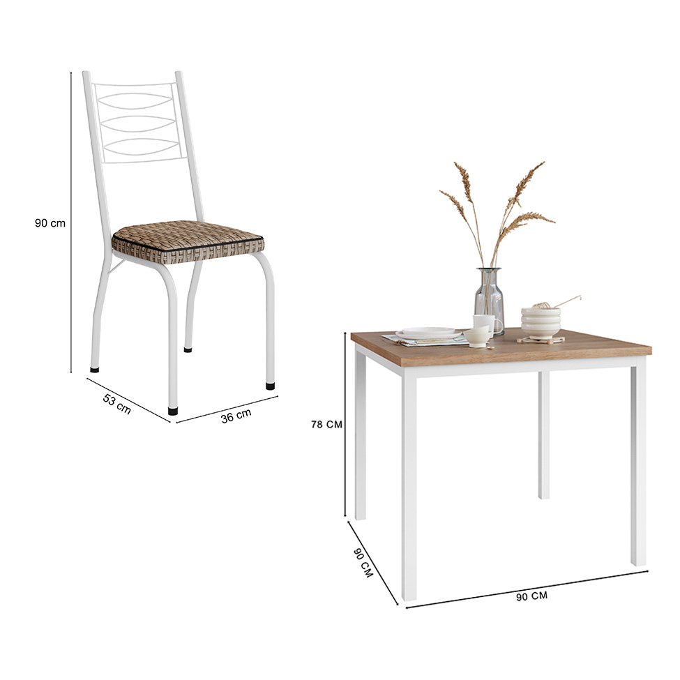 Conjunto de Mesa Quadrada com Tampo MDP e 4 Cadeiras Adriana Revestimento Sintético Bege Rattan e Branco