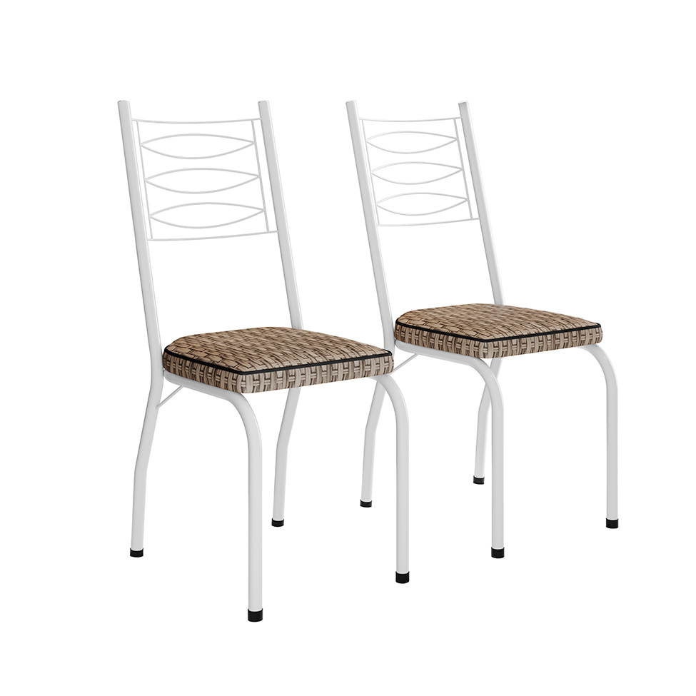 Conjunto de Mesa Quadrada com Tampo MDP e 4 Cadeiras Adriana Revestimento Sintético Bege Rattan e Branco