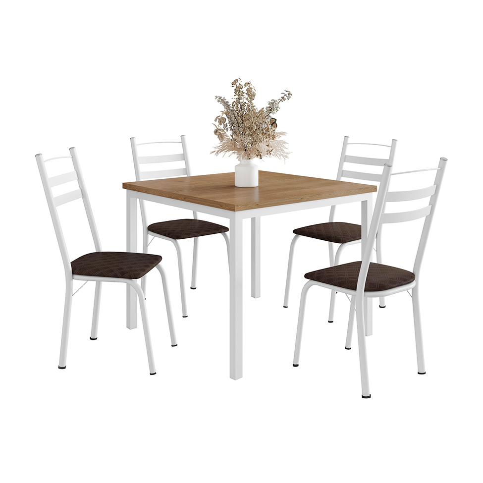 Conjunto de Mesa Quadrada com Tampo MDP e 4 Cadeiras Adriana Revestimento Sintético Cacau e Branco II