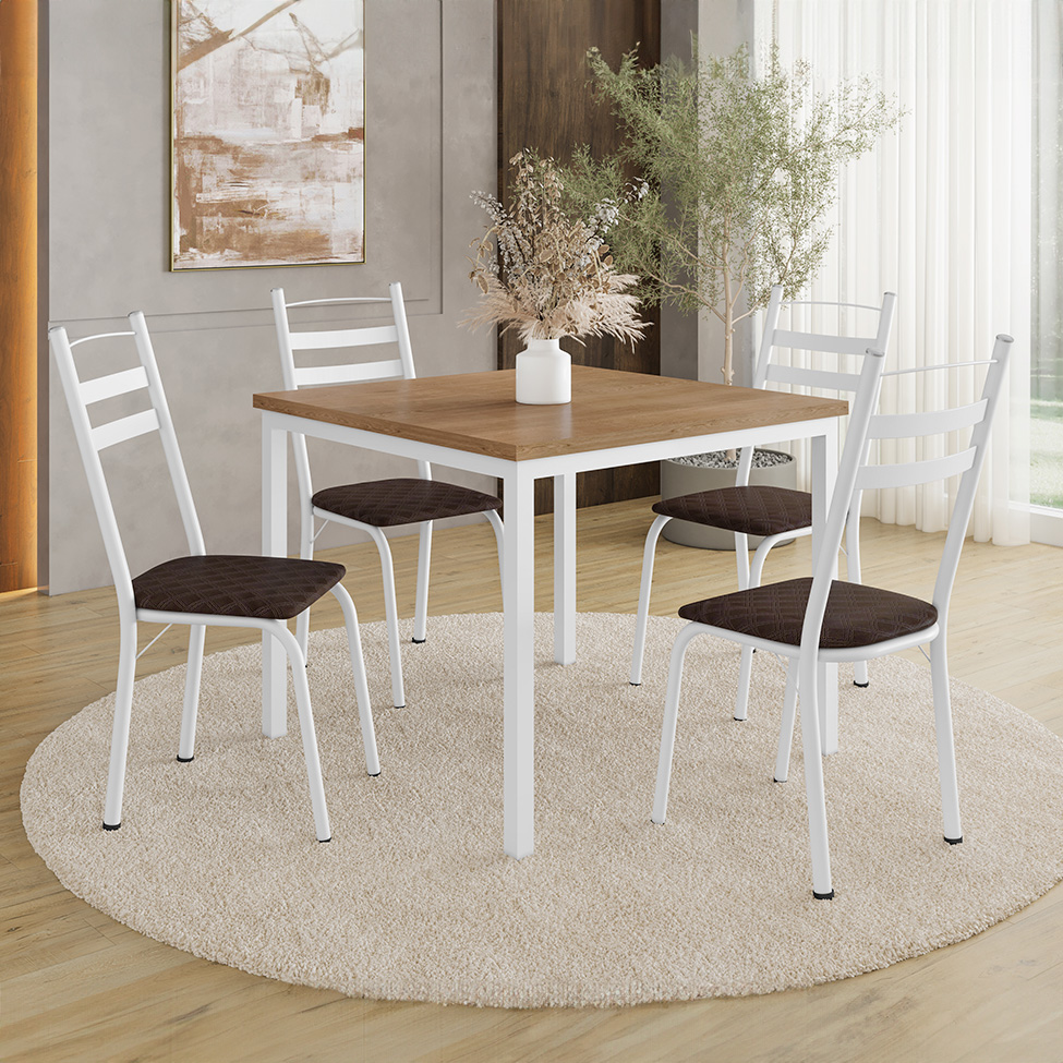 Conjunto de Mesa Quadrada com Tampo MDP e 4 Cadeiras Adriana Revestimento Sintético Cacau e Branco II