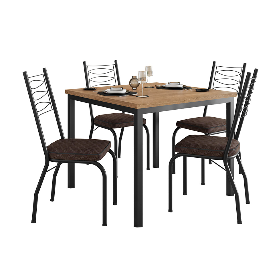 Conjunto de Mesa Quadrada com Tampo MDP e 4 Cadeiras Adriana Revestimento Sintético Cacau e Preto