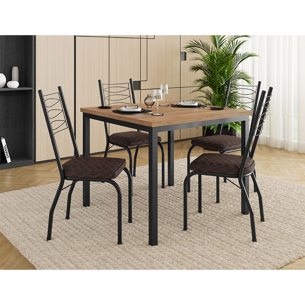Conjunto de Mesa Quadrada com Tampo MDP e 4 Cadeiras Adriana Revestimento Sintético Cacau e Preto
