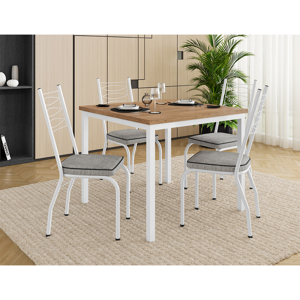 Conjunto de Mesa Quadrada com Tampo MDP e 4 Cadeiras Adriana Revestimento Sintético Grafiato Cinza e Branco