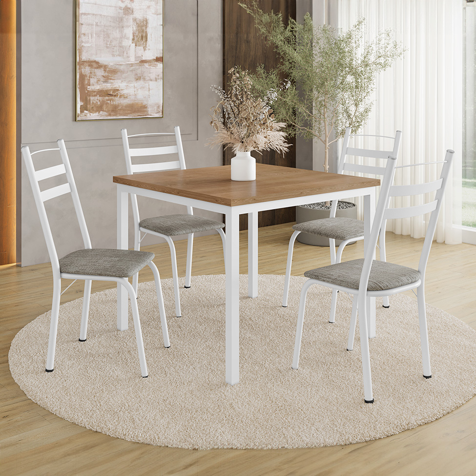 Conjunto de Mesa Quadrada com Tampo MDP e 4 Cadeiras Adriana Revestimento Sintético Grafiato e Branco