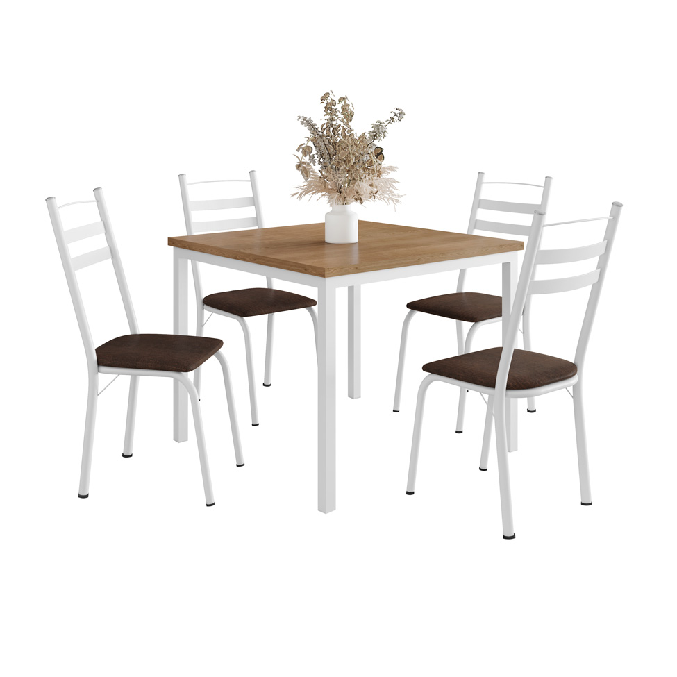Conjunto de Mesa Quadrada com Tampo MDP e 4 Cadeiras Adriana Revestimento Sintético Imbuia e Branco