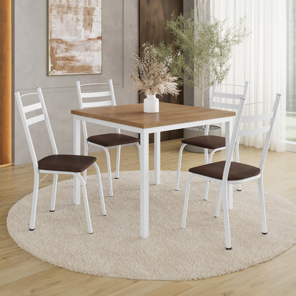 Conjunto de Mesa Quadrada com Tampo MDP e 4 Cadeiras Adriana Revestimento Sintético Imbuia e Branco