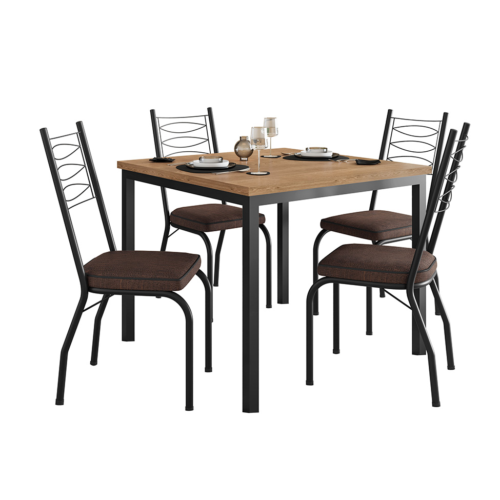 Conjunto de Mesa Quadrada com Tampo MDP e 4 Cadeiras Adriana Revestimento Sintético Marrom e Preto