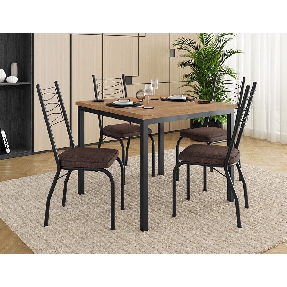 Conjunto de Mesa Quadrada com Tampo MDP e 4 Cadeiras Adriana Revestimento Sintético Marrom e Preto