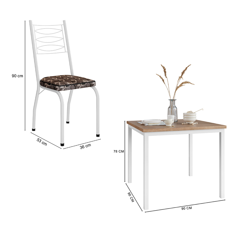 Conjunto de Mesa Quadrada com Tampo MDP e 4 Cadeiras Adriana Revestimento Sintético Mosaico Marrom e Branco