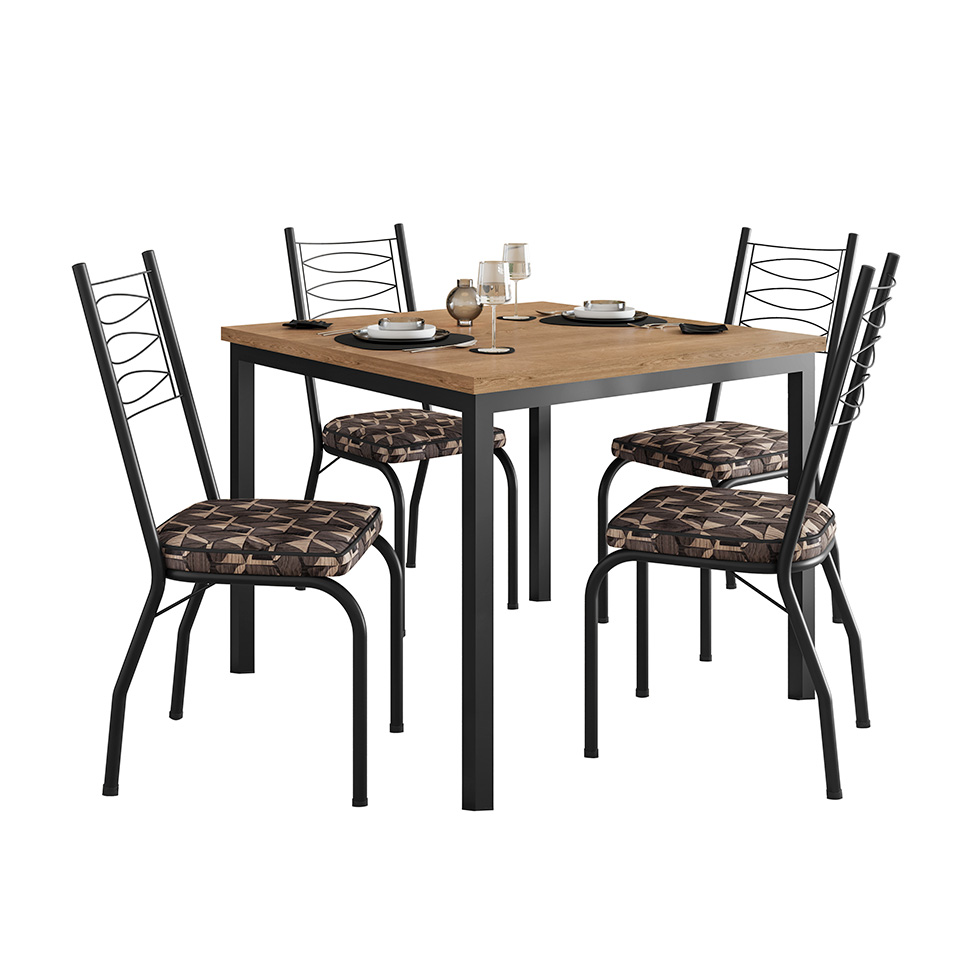 Conjunto de Mesa Quadrada com Tampo MDP e 4 Cadeiras Adriana Revestimento Sintético Mosaico Marrom e Preto