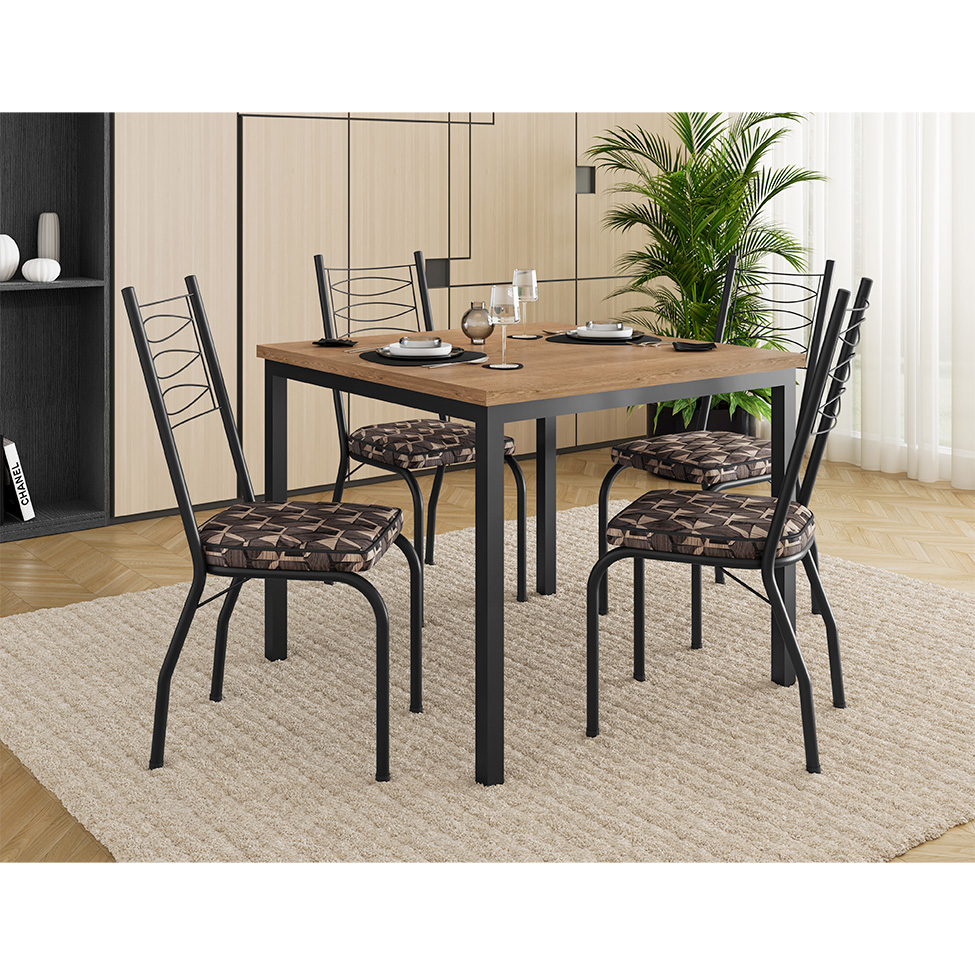 Conjunto de Mesa Quadrada com Tampo MDP e 4 Cadeiras Adriana Revestimento Sintético Mosaico Marrom e Preto