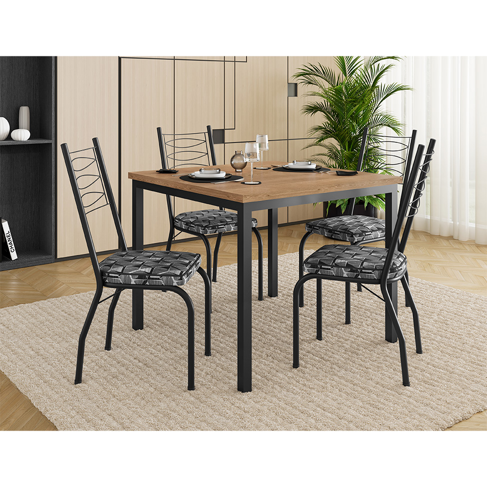Conjunto de Mesa Quadrada com Tampo MDP e 4 Cadeiras Adriana Revestimento Sintético Mosaico Silver e Preto