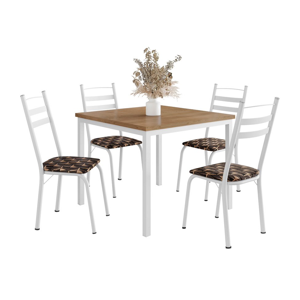 Conjunto de Mesa Quadrada com Tampo MDP e 4 Cadeiras Adriana Revestimento Sintético Palha e Branco