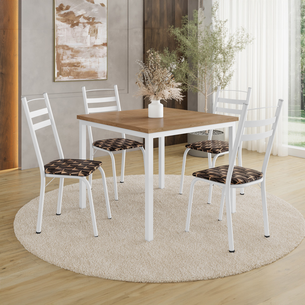 Conjunto de Mesa Quadrada com Tampo MDP e 4 Cadeiras Adriana Revestimento Sintético Palha e Branco